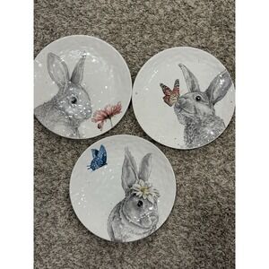 Pier 1 SKETCH BUNNY 8.5" Salad Plate Set Of 3 Rabbit Flower Butterfly Ladybug
